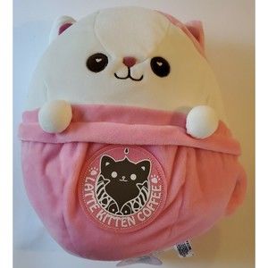 New with tag - Cute 11" Latte Kitten Coffee Cup Plush - Pink Neko Cat Round 1